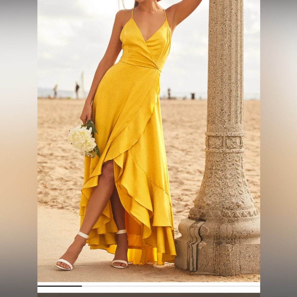 Lulu’s Mustard Yellow Satin Lace-up High-Low Maxi Dress
